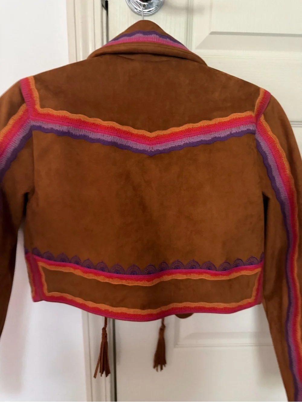 MOTHER Brown Suede Cropped Jacket with Pink & Purple Trim - Picture 9 of 9